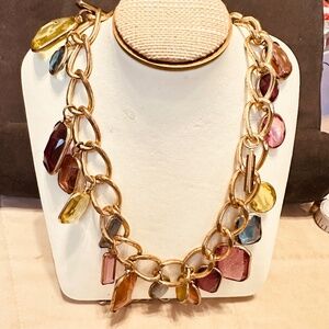 Glass Charm Necklace Statement Chain 31” Colorful Drop Bib Gold Tone Vintage